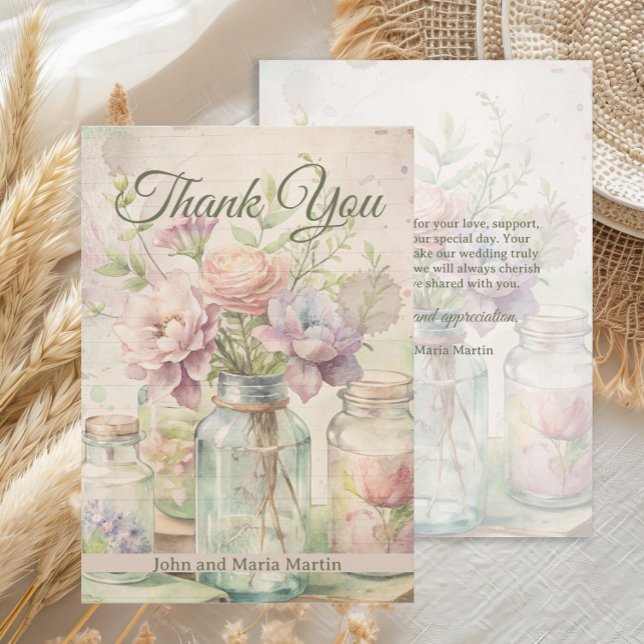 Vintage Blommor Bröllop Brudskåp Tacksamhet Tack Kort (Vintage garden flowers wedding or bridal shower thank you card)