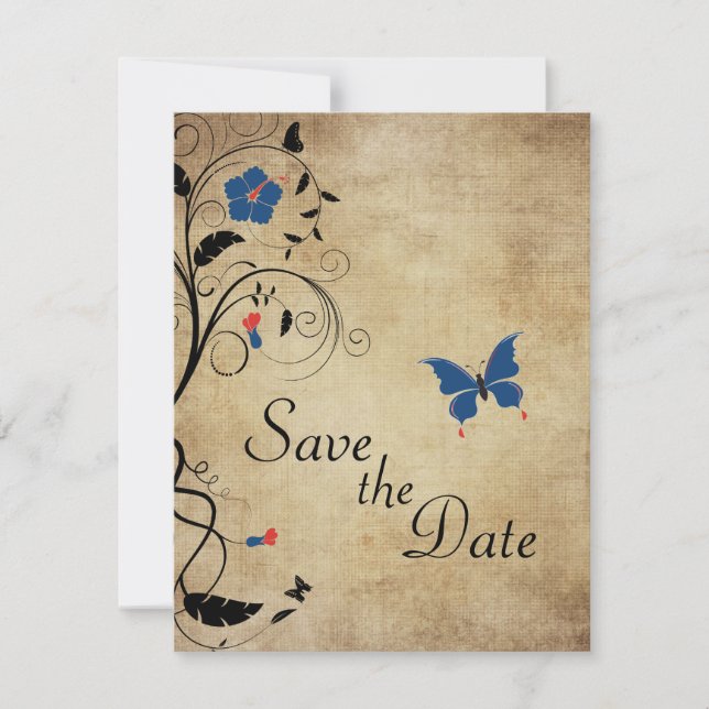 Vintage blommor fjärilar Bröllop Spara datumet Inbjudningar (Framsida)