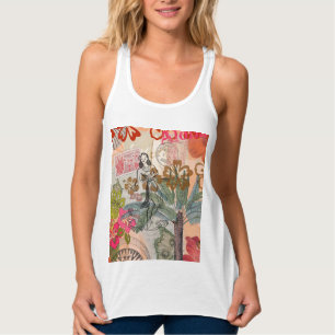 Vintage blommor Hula Färgrik Hawaiian Tropisk  Linne Med Racerback