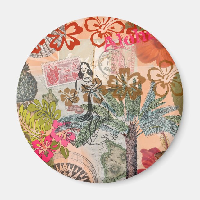 Vintage blommor Hula Färgrik Hawaiian Tropisk  Magnet (Framsidan)