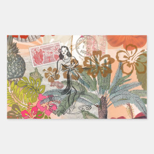 Vintage blommor Hula Färgrik Hawaiian Tropisk Rektangulärt Klistermärke
