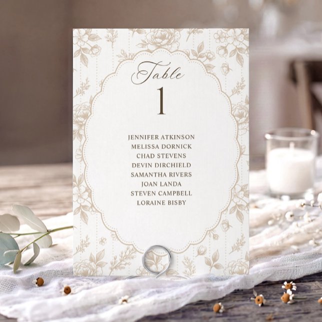 Vintage blomster beige Tan bröllops sittplatskarta (Beige tan French floral wedding seating chart card with oval scalloped frame.)