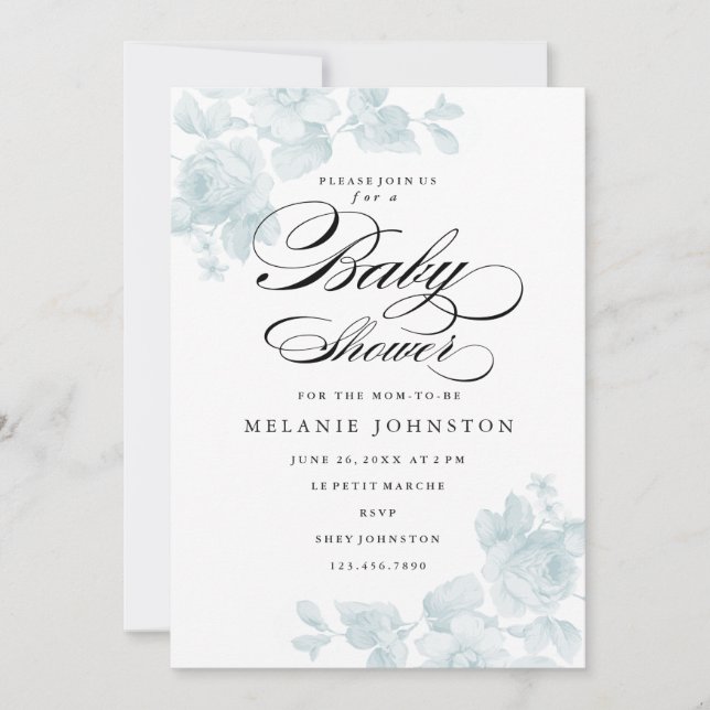 Vintage blomster | Blå pojke baby shower Inbjudningar (Framsida)