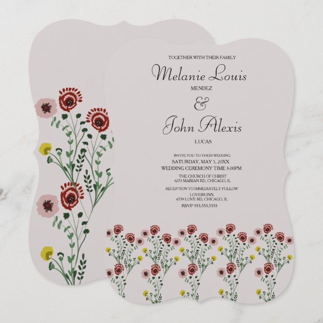 Vintage blomster botanisk broderad vigselkonst inbjudningar (Fram/baksida)