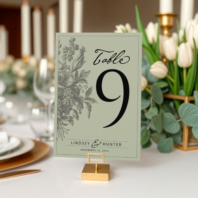 Vintage blomster bröllopsdags tabellnummer i salvi (Elegant vintage floral bouquet sage green & black simple wedding reception dinner table number card)