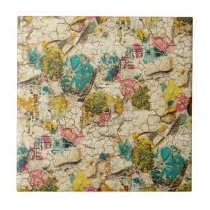 Vintage blomster collage med åldrad pappersstruktu kakelplatta