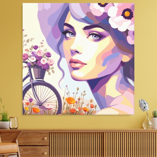 Vintage blomster cykel kvinna canvastryck (Insitu (Vardagsrum))