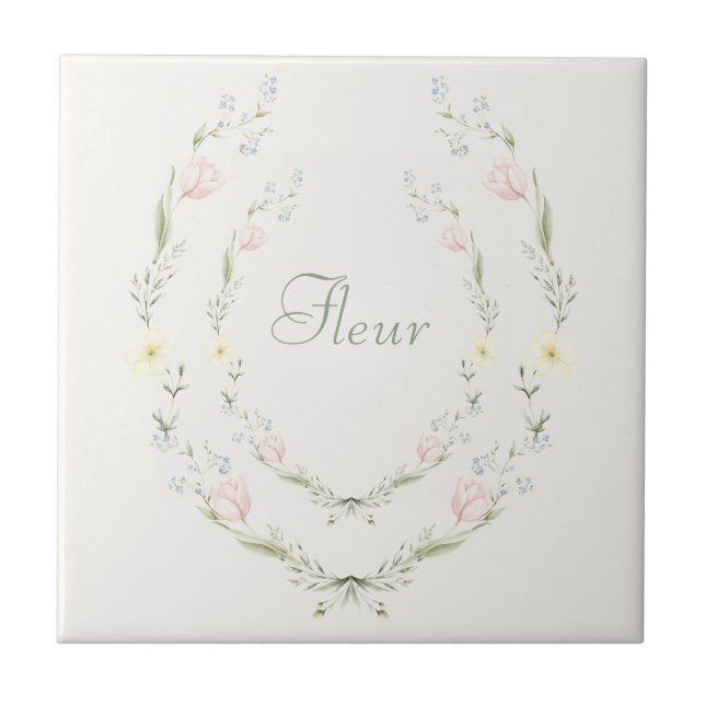 Vintage blomster Fleur Pastell Fransk Keramisk Pla Kakelplatta (Framsidan)