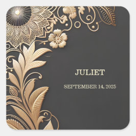 Vintage blomster guld folie präglad bröllopsdusch fyrkantigt klistermärke