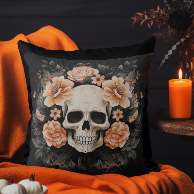 Vintage blomster Halloween-dödskalle Kudde (Elegant Vintage Halloween Throw Pillow)