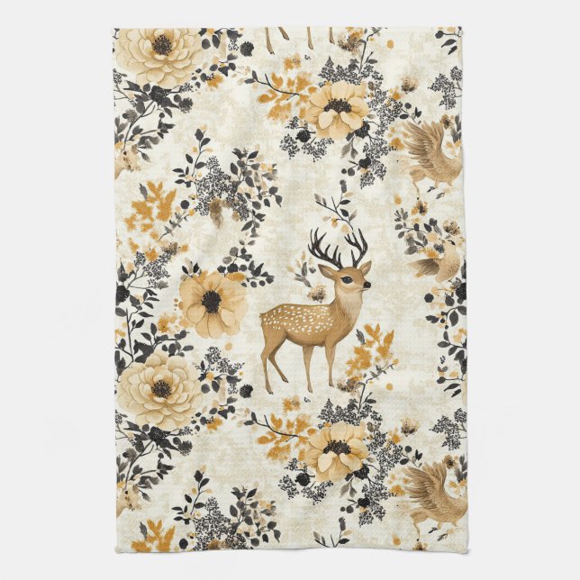 Vintage blomster hjortmönster kökshandduk (Vertikal)