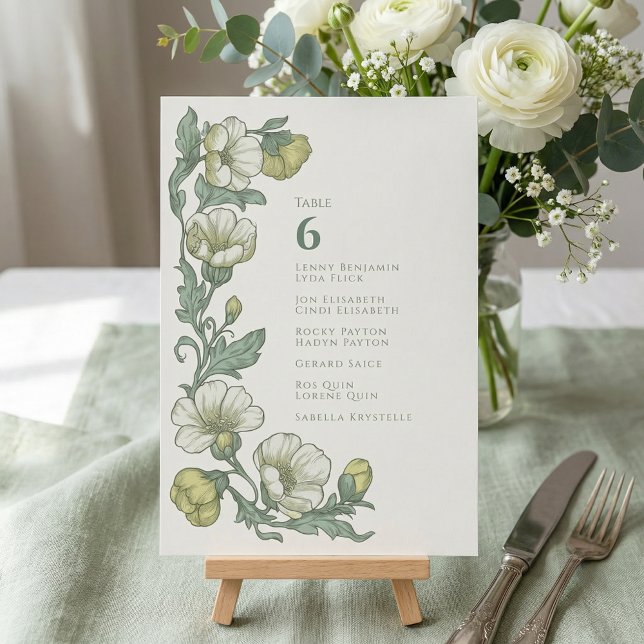 Vintage blomster- mjukgrön Bordsplatsschema Inbjudningar (Vintage Floral sage green Table Seating Chart Invitation)