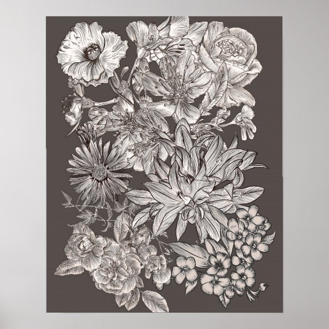 Vintage blomster modern grå botanisk chic väggkons poster (Framsidan)