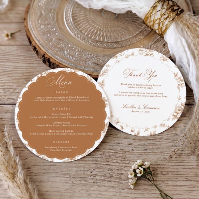 Vintage blomster orange tack rund bröllopsmeny meny (Terracotta orange round wedding menu with scalloped frame and French floral design)
