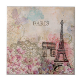 Vintage blomster Paris Eiffeltornet Ephemera Kakelplatta