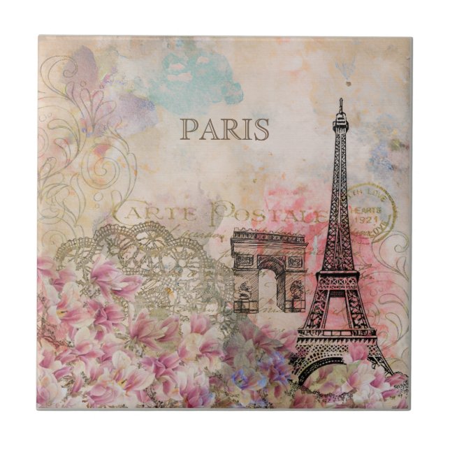 Vintage blomster Paris Eiffeltornet Ephemera Kakelplatta (Framsidan)