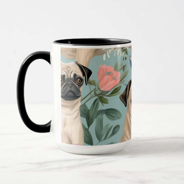 Vintage blomster Pug mönster Söt botanisk hund  Mugg (Vänster)