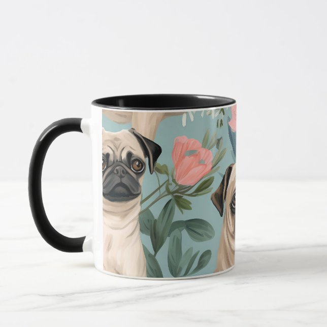 Vintage blomster Pug mönster Söt botanisk hund  Mugg (Vänster)