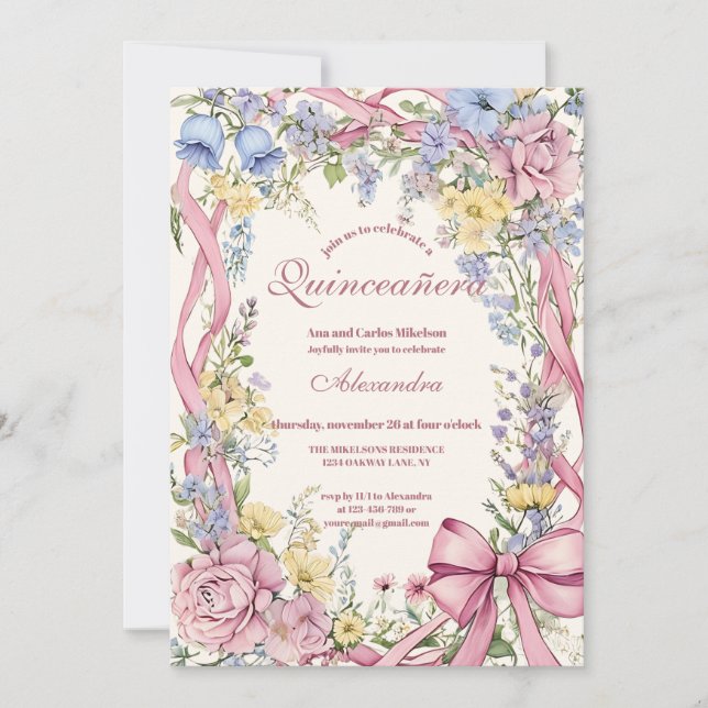 Vintage blomster ram Quinceañera Inbjudningar (Framsida)