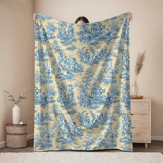 Vintage blomster retro blå gul toile de jouy fleecefilt