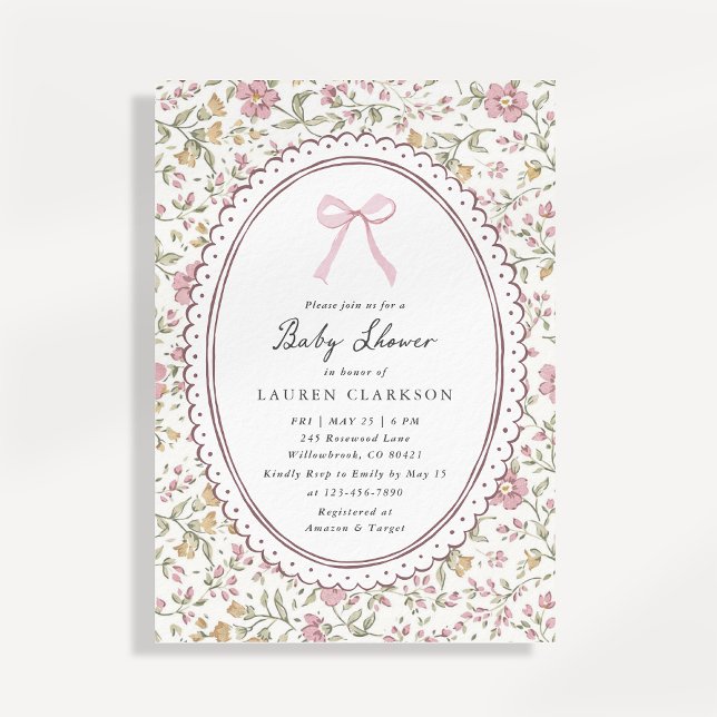 Vintage blomster rosa rosett baby shower inbjudan (Skapare uppladdad)