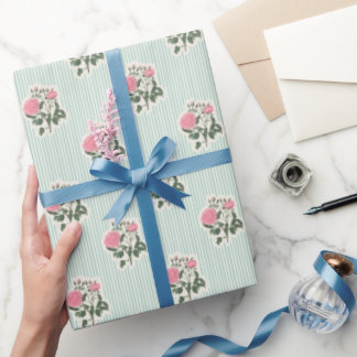 Vintage blomster rosa rosor gröna ränder mönster presentpapper