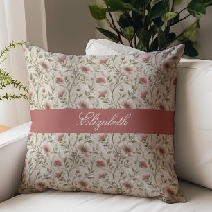 Vintage blomster skript monogram namn beige kudde