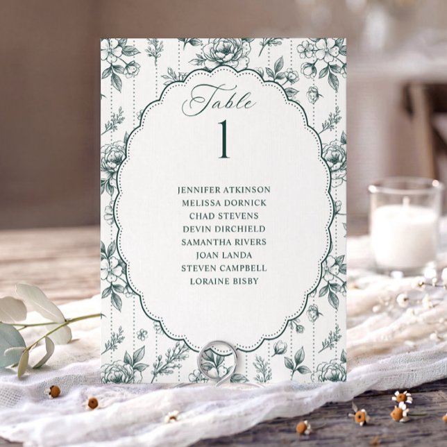 Vintage blomster smaragdgrön bröllops sittplatskar (Emerald green French floral wedding seating chart card with oval scalloped frame.)