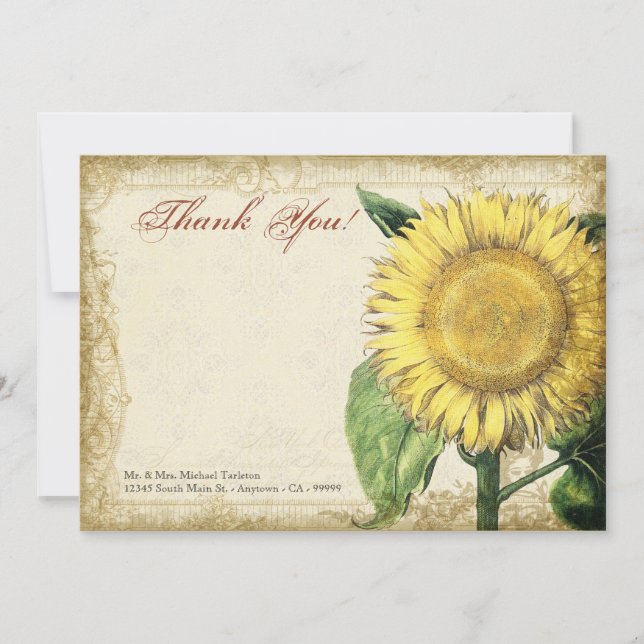 Vintage blomster solrosor - Höstbröllop Tack Kort (Framsida)