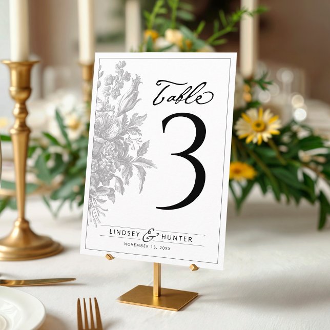 Vintage blomster svart & vit bröllopsbord nummer inbjudningar (Elegant vintage floral bouquet black and white simple wedding reception dinner table number card)
