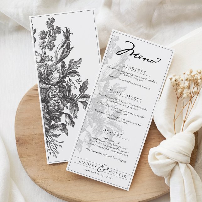 Vintage blomster svart & vit romantisk bröllop meny (Elegant black and white vintage floral bouquet 4x9 monogram botanical wedding reception dinner menu)