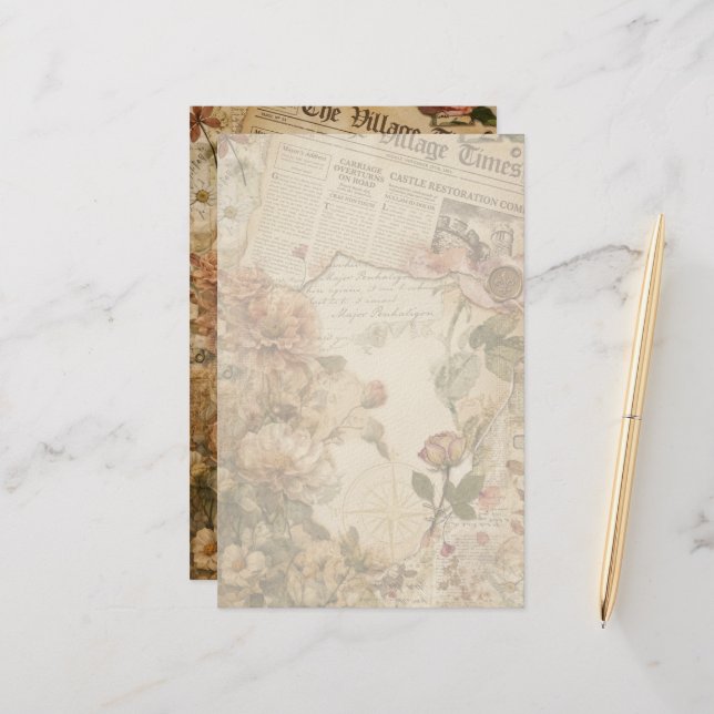 Vintage Blomsteraestetiskt Brevpapper med Tidnings (Fram/Back In Situ)