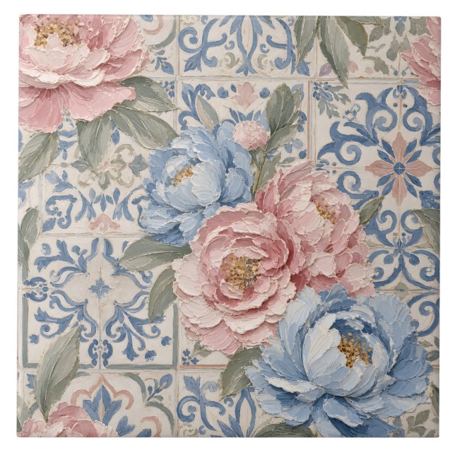 Vintage blomsterblå rosa peoniflismönster kakelplatta (Framsidan)