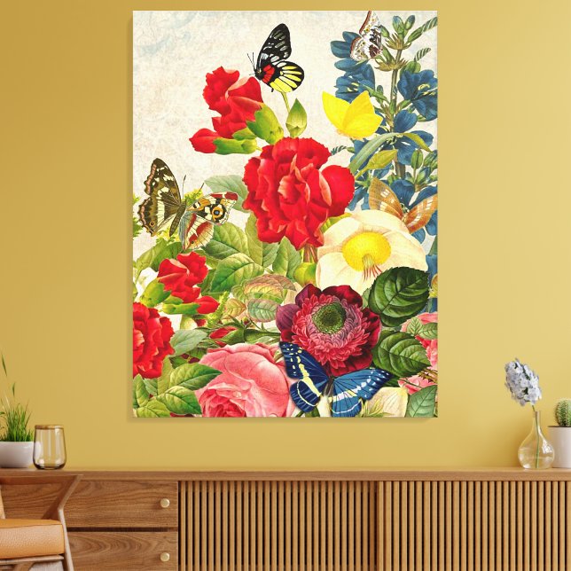 Vintage blomsterbukett fjärilar inslagna canvas (Insitu (Vardagsrum))