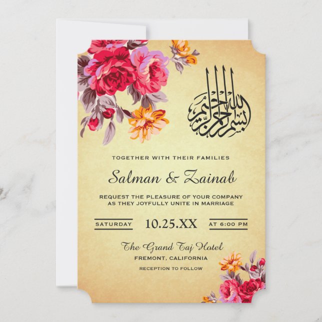 Vintage blomsterbukett Islamskt bröllopsinbjudan Inbjudningar (Framsida)
