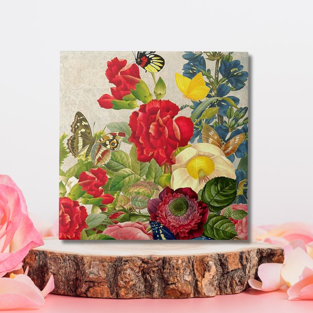 Vintage blomsterbukett med fjärilar liten kakelplatta (Vintage Flower Bouquet with Butterflies Ceramic Tile)