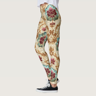 Vintage blomsterdamask i turkos och burgunder leggings