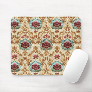 Vintage blomsterdamask i turkos och burgunder musmatta