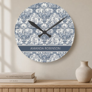 Vintage blomsterdamast Blå toile de jouy monogram Rund Klocka
