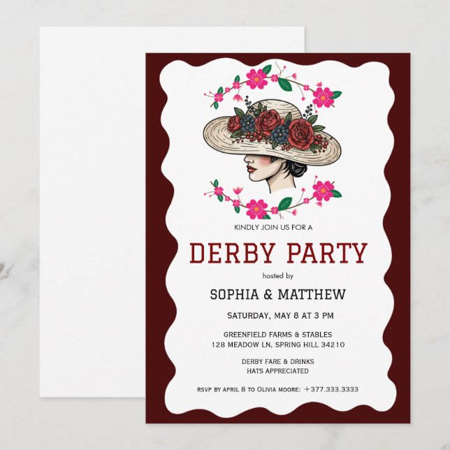Vintage blomsterderby-festinvitation Elegant hatt Inbjudningar (Fram/baksida)