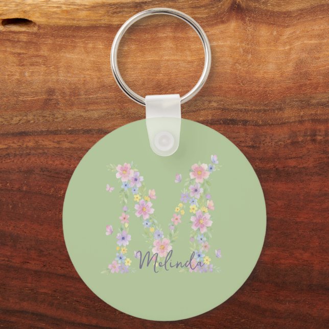 Vintage blomsterfjärilmonogram nyckelring (Framsida)