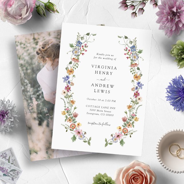 Vintage blomsterfotografi bröllopsinbjudan inbjudningar (Watercolor Vintage Colorful Wildflower Wedding Invitations by Painted Paperie)