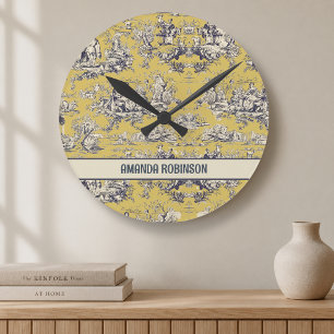 Vintage blomstergardin sjögul toile de jouy monogr rund klocka