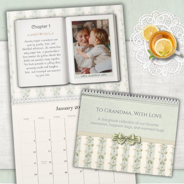 Vintage blomstergavekalender för mormor kalender (Vintage storybook photo calendar cover for grandma. Elegant grandmillennial keepsake memory book.)