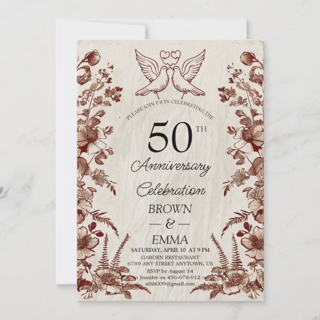 Vintage blomstergestaltning 50-års bröllopsjubileu inbjudningar (Framsida)