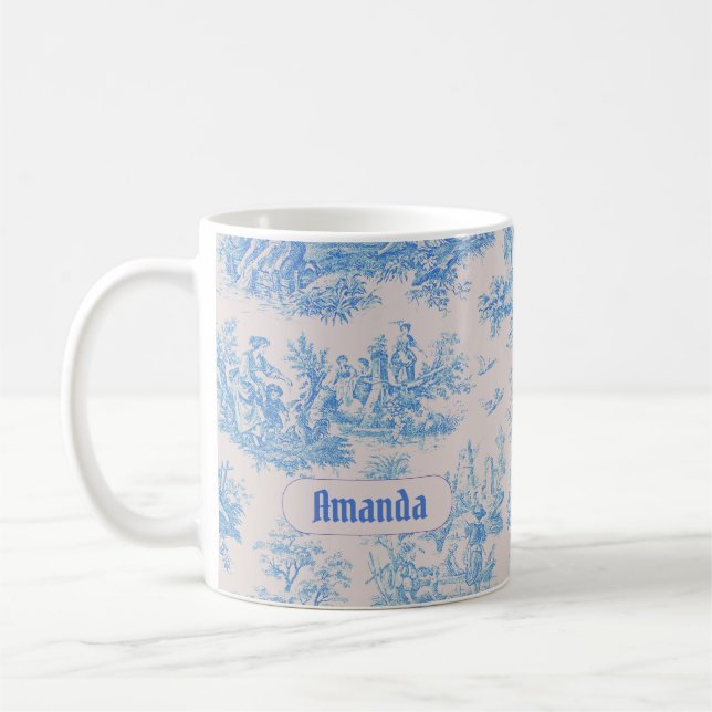Vintage blomstergods i blå turkos Toile-monogram Kaffemugg (Vänster)