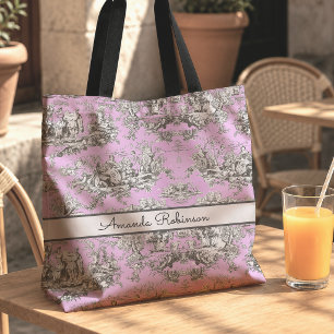 Vintage blomstergods sjö pink toile de jouy monogr tygkasse