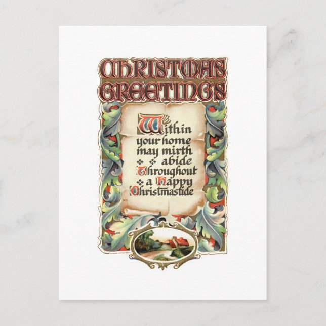 Vintage blomstergrafik julhälsningsdikt vykort (Framsida)