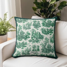 Vintage blomstergreen toile jouy monogram kudde