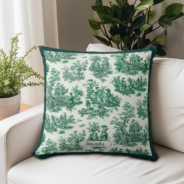 Vintage blomstergreen toile jouy monogram kudde (Skapare uppladdad)